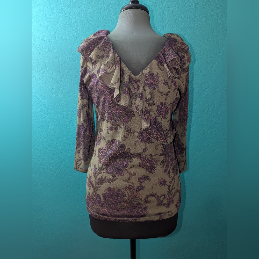 Chaps Purple and Tan Floral Ruffle Blouse